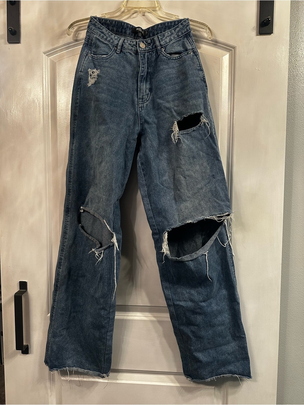 Missguided + Men's Dark Blue Distressed Bootcut Jeans